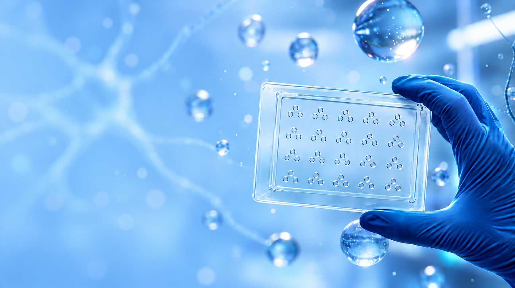 Researcher holding an Ananda organ-on-a-chip microplate over neuronal imagery