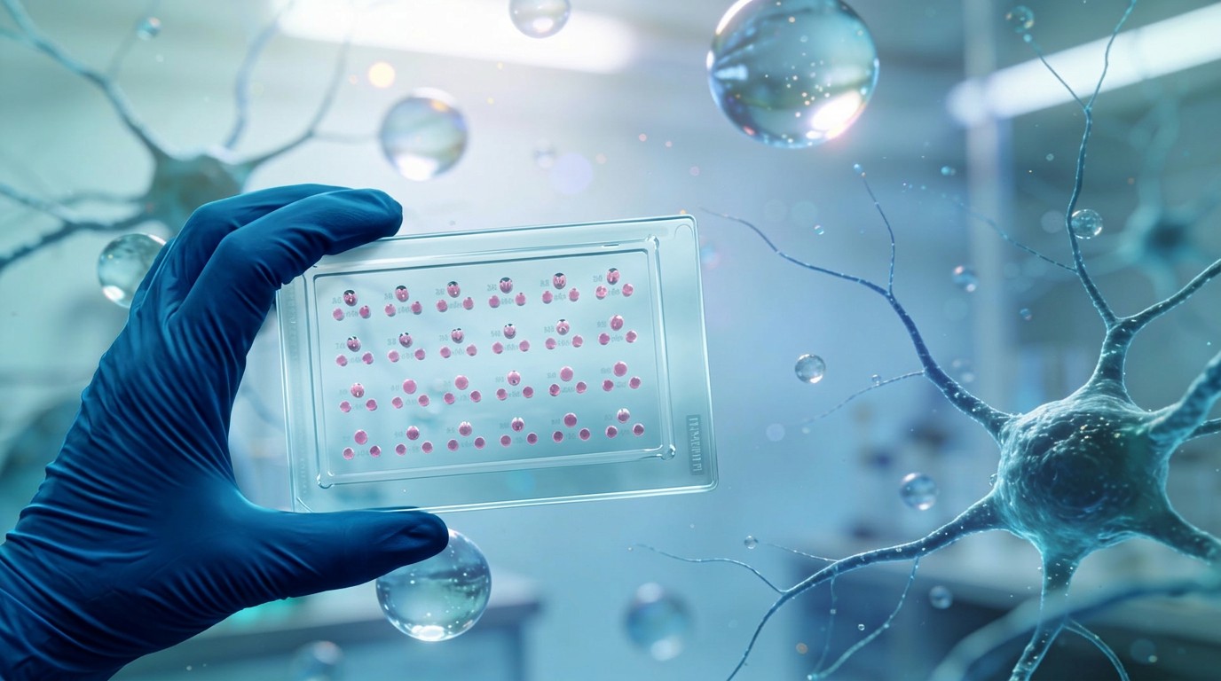Researcher holding an Ananda organ-on-a-chip microplate over neuronal imagery